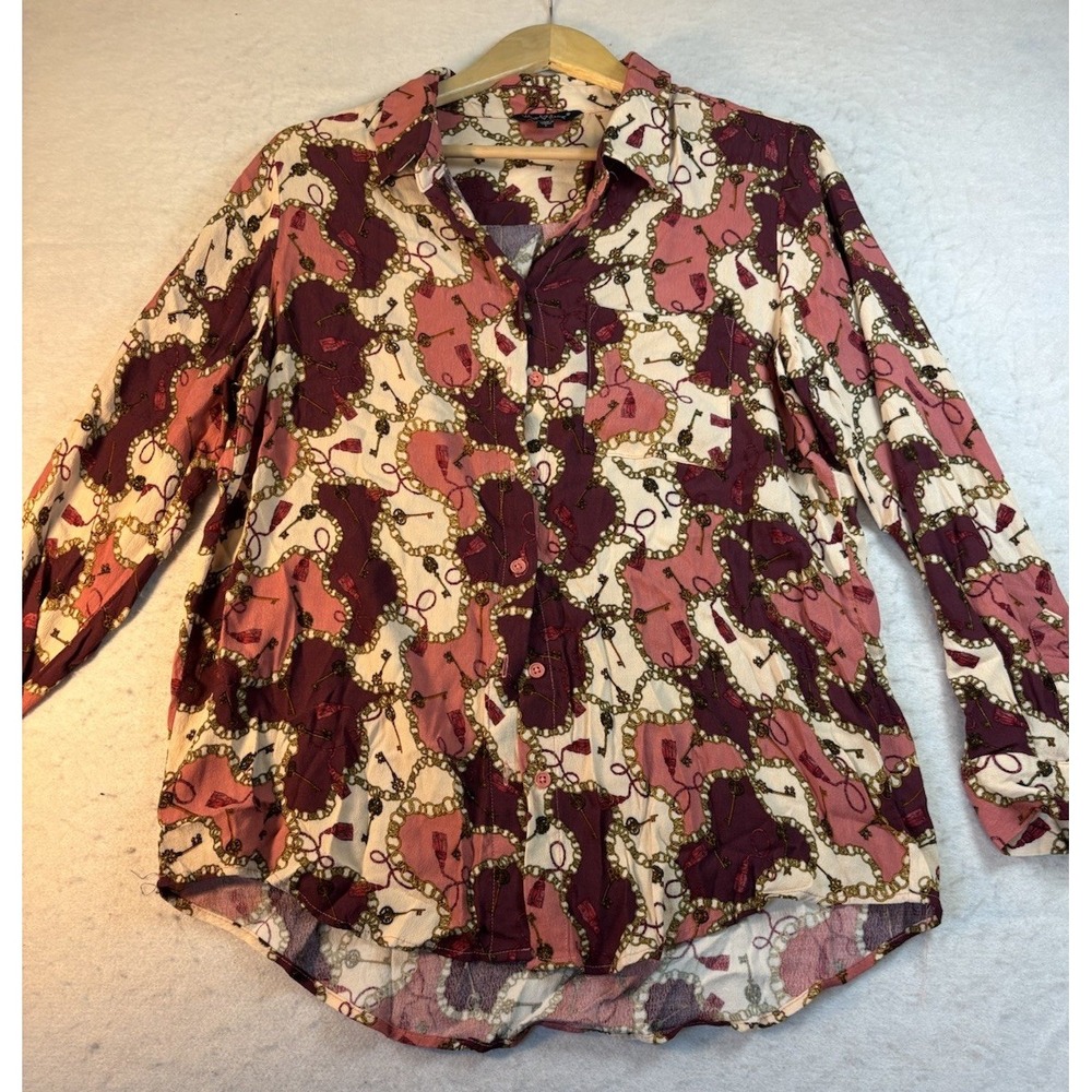 Velvet Heart Pink Chain & Key Print Women's L Button Down Shirt Casual Career